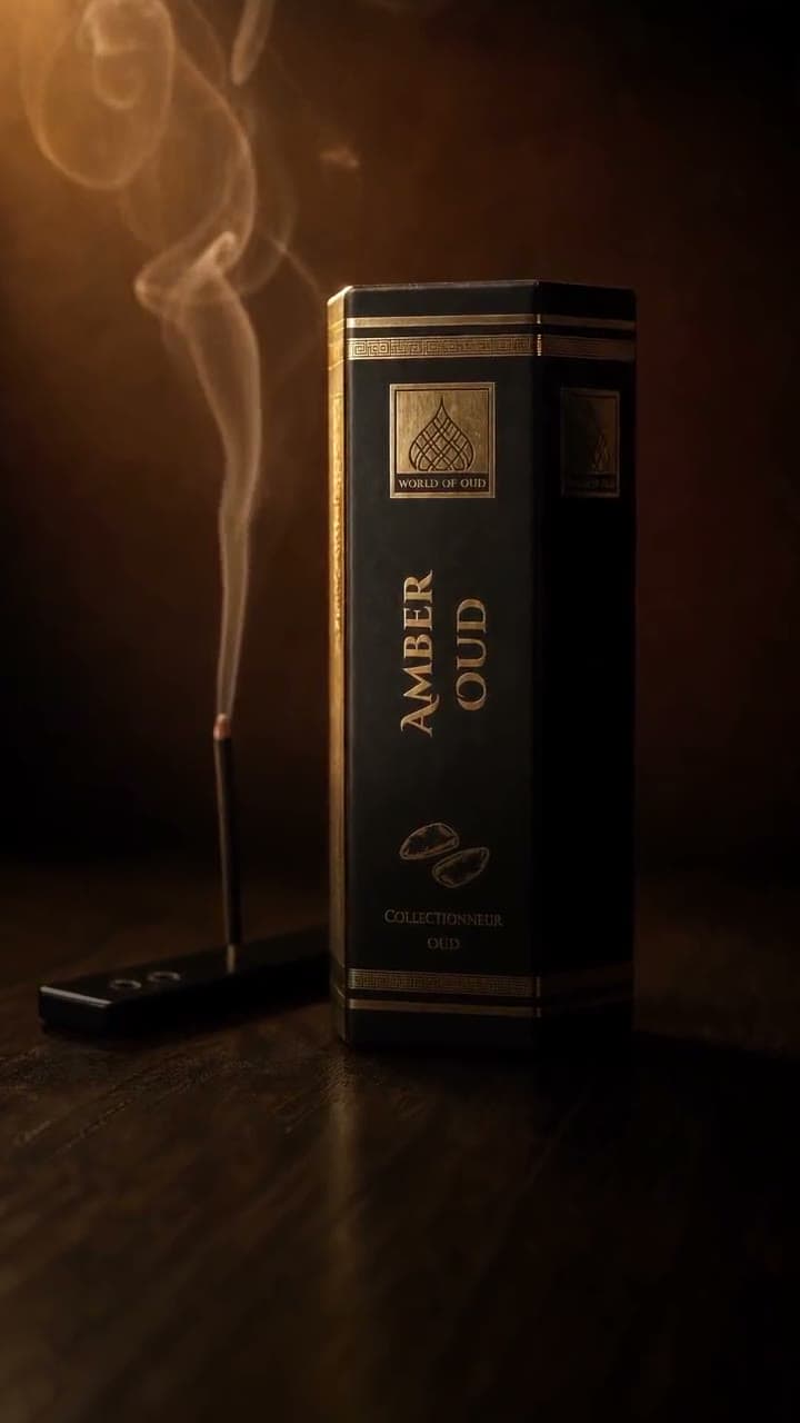 A black and gold oud box on a dark wooden table, incense smoke rising beside it. The first frame of the XMA Media showreel.