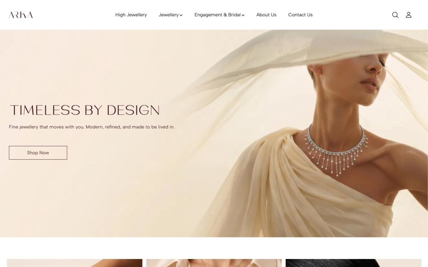 The Arka jewellery store, home page on desktop