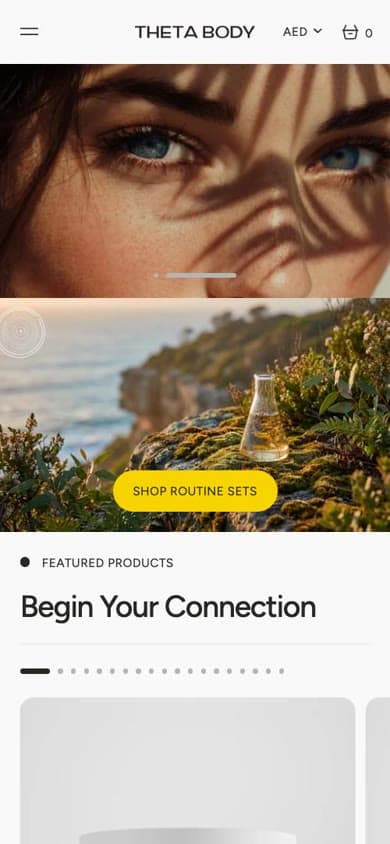The Theta Body skincare store, home page on a phone